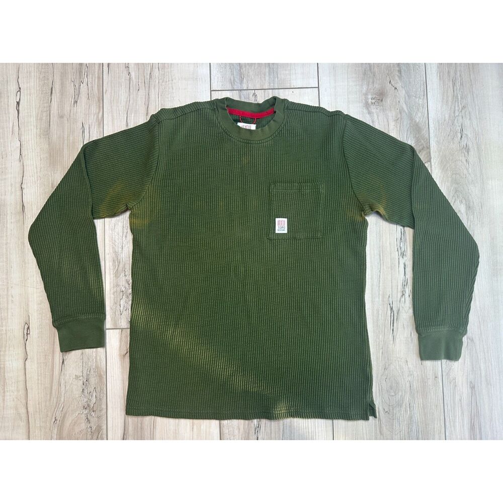 Topo Designs Men's Waffle Knit Olive Green Crew S- FLAWED